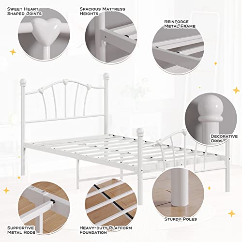 Amyove White Twin XL Metal Bed Frame with Headboard and Footboard for Bedroom Guestroom Dorm Apartment Sturdy Platform Bed Reinforced Bed Slats and 11.5 Inches Underbed Storage Space, Heart-Shaped