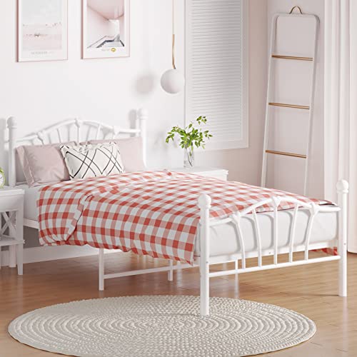 Amyove White Twin XL Metal Bed Frame with Headboard and Footboard for Bedroom Guestroom Dorm Apartment Sturdy Platform Bed Reinforced Bed Slats and 11.5 Inches Underbed Storage Space, Heart-Shaped