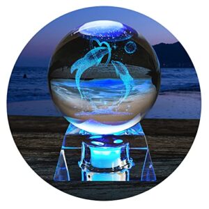 3d dolphin crystal ball with led colorful night light base, dolphin gifts for kids her women friends lover girlfriend wife birthday christmas home decoration