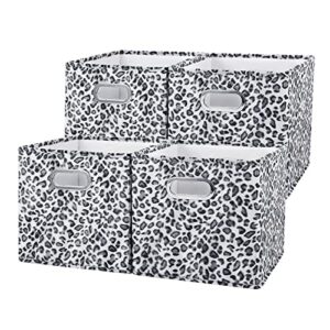 anminy 4pcs storage cube set leopard print velvet fabric storage bins boxes baskets with handles pp plastic board foldable closet shelf organizer container for home office - black white, 11"x 11"x 11"