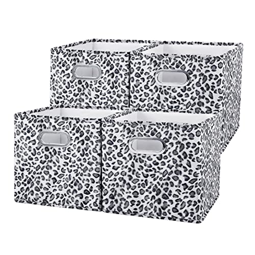 ANMINY 4PCS Storage Cube Set Leopard Print Velvet Fabric Storage Bins Boxes Baskets with Handles PP Plastic Board Foldable Closet Shelf Organizer Container for Home Office - Black White, 11"x 11"x 11"