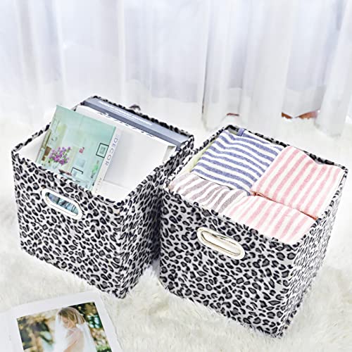 ANMINY 4PCS Storage Cube Set Leopard Print Velvet Fabric Storage Bins Boxes Baskets with Handles PP Plastic Board Foldable Closet Shelf Organizer Container for Home Office - Black White, 11"x 11"x 11"