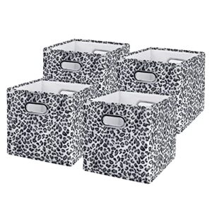 ANMINY 4PCS Storage Cube Set Leopard Print Velvet Fabric Storage Bins Boxes Baskets with Handles PP Plastic Board Foldable Closet Shelf Organizer Container for Home Office - Black White, 11"x 11"x 11"