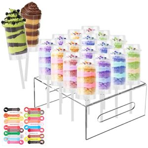 houseen 20 pack push pops containers and 16 holes acrylic cake pop display stand, plastic cake push-up pop with lids, base & sticks, for weddings baby showers birthday christmas party