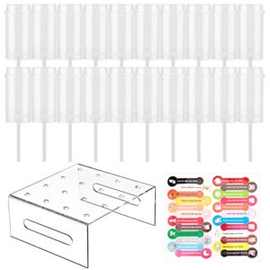 HOUSEEN 20 Pack Push Pops Containers and 16 Holes Acrylic Cake Pop Display Stand, Plastic Cake Push-up Pop with Lids, Base & Sticks, for Weddings Baby Showers Birthday Christmas Party