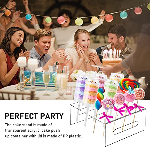 HOUSEEN 20 Pack Push Pops Containers and 16 Holes Acrylic Cake Pop Display Stand, Plastic Cake Push-up Pop with Lids, Base & Sticks, for Weddings Baby Showers Birthday Christmas Party