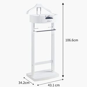 FOLREORP with Drawer Wardrobe Valet Stand white Wood Suit Valet Rack Freestanding Contour Hanger Trouser Shoe Rack Tie & Belt Stand Organizer Easy to Assemble for Both Living Room and Bed Room