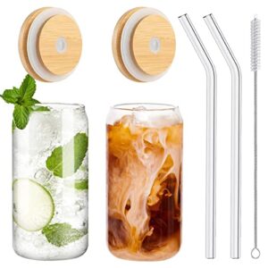 WISIMMALL Drinking Glasses with Bamboo Lids and Glass Straw 2PCS Set, 16oz Glass Cups with Lids and Straws, Beer Glasses, Iced Coffee Glasses, Soda, Gift 1 Cleaning Brushes