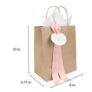 Lesumoo 12 Pack Thank You Gift Bags with Pink Ribbons and Thank You Cards, 8x4.75x10 Small Brown Gift Bags for Wedding Guests Bridal Shower Birthday Party