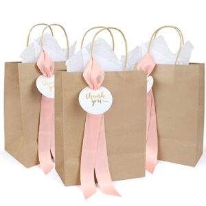 lesumoo 12 pack thank you gift bags with pink ribbons and thank you cards, 8x4.75x10 small brown gift bags for wedding guests bridal shower birthday party