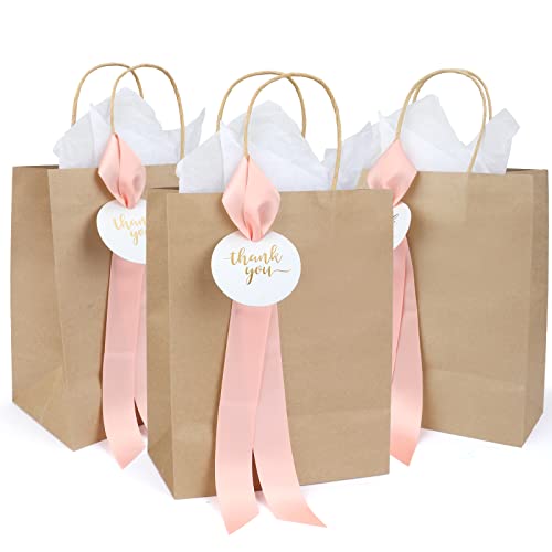 Lesumoo 12 Pack Thank You Gift Bags with Pink Ribbons and Thank You Cards, 8x4.75x10 Small Brown Gift Bags for Wedding Guests Bridal Shower Birthday Party