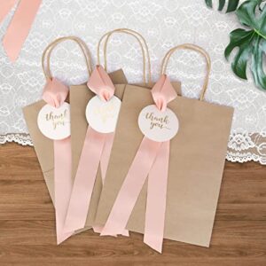 Lesumoo 12 Pack Thank You Gift Bags with Pink Ribbons and Thank You Cards, 8x4.75x10 Small Brown Gift Bags for Wedding Guests Bridal Shower Birthday Party