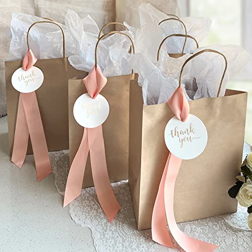 Lesumoo 12 Pack Thank You Gift Bags with Pink Ribbons and Thank You Cards, 8x4.75x10 Small Brown Gift Bags for Wedding Guests Bridal Shower Birthday Party