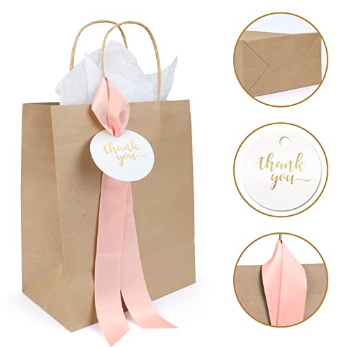 Lesumoo 12 Pack Thank You Gift Bags with Pink Ribbons and Thank You Cards, 8x4.75x10 Small Brown Gift Bags for Wedding Guests Bridal Shower Birthday Party