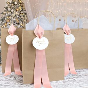 Lesumoo 12 Pack Thank You Gift Bags with Pink Ribbons and Thank You Cards, 8x4.75x10 Small Brown Gift Bags for Wedding Guests Bridal Shower Birthday Party