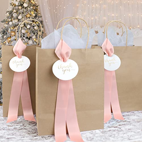 Lesumoo 12 Pack Thank You Gift Bags with Pink Ribbons and Thank You Cards, 8x4.75x10 Small Brown Gift Bags for Wedding Guests Bridal Shower Birthday Party