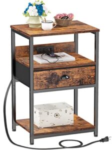 furologee nightstand with charging station, end table with usb ports&power outlets, 3-tier storage shelf tall bedside table, industrial side table with fabric drawer for bedroom/living room/study