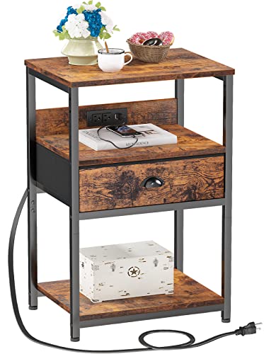 Furologee Nightstand with Charging Station, End Table with USB Ports&Power Outlets, 3-Tier Storage Shelf Tall Bedside Table, Industrial Side Table with Fabric Drawer for Bedroom/Living Room/Study