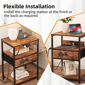 Furologee Nightstand with Charging Station, End Table with USB Ports&Power Outlets, 3-Tier Storage Shelf Tall Bedside Table, Industrial Side Table with Fabric Drawer for Bedroom/Living Room/Study