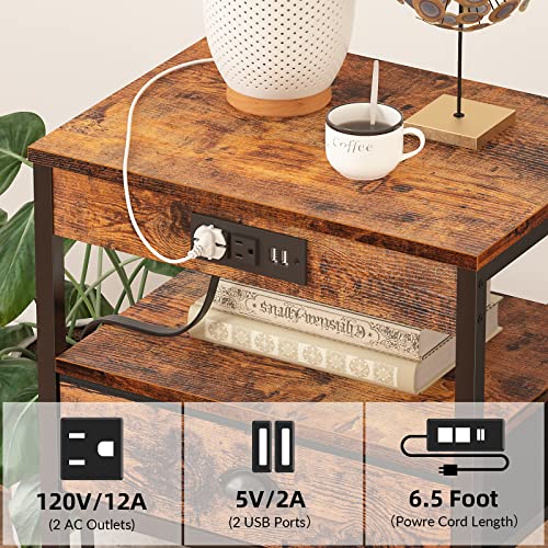 Furologee Nightstand with Charging Station, End Table with USB Ports&Power Outlets, 3-Tier Storage Shelf Tall Bedside Table, Industrial Side Table with Fabric Drawer for Bedroom/Living Room/Study