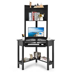 COSTWAY Corner Desk with Hutch, Compact Corner Computer Desk, Study and Writing Table with Keyboard Tray & Bottom Shelves, Space-saving Laptop PC Desk for Small Space, Home, Bedroom, Apartment (Black)