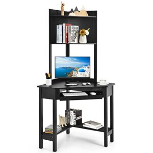 costway corner desk with hutch, compact corner computer desk, study and writing table with keyboard tray & bottom shelves, space-saving laptop pc desk for small space, home, bedroom, apartment (black)