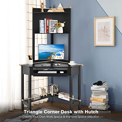 COSTWAY Corner Desk with Hutch, Compact Corner Computer Desk, Study and Writing Table with Keyboard Tray & Bottom Shelves, Space-saving Laptop PC Desk for Small Space, Home, Bedroom, Apartment (Black)