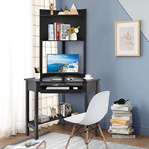 COSTWAY Corner Desk with Hutch, Compact Corner Computer Desk, Study and Writing Table with Keyboard Tray & Bottom Shelves, Space-saving Laptop PC Desk for Small Space, Home, Bedroom, Apartment (Black)