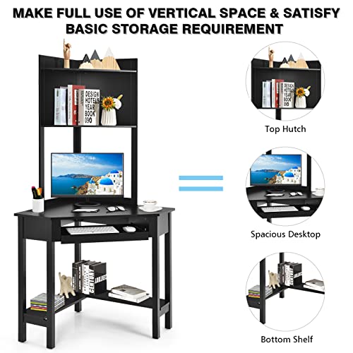 COSTWAY Corner Desk with Hutch, Compact Corner Computer Desk, Study and Writing Table with Keyboard Tray & Bottom Shelves, Space-saving Laptop PC Desk for Small Space, Home, Bedroom, Apartment (Black)