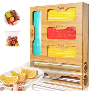 ziplock bag organizer, bag storage organizer for kitchen drawer, plastic wrap dispenser with cutter, 6 in 1 bamboo foil and plastic wrap organizer, compatible with gallon quart sandwich and snack bag