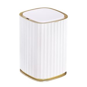 elpheco 3.5 gallon bathroom trash can, 13.5 litre bedroom motion sensor trash can with lids, automatic waterproof trash can for bathroom, living room, bedroom, office, white with golden trim