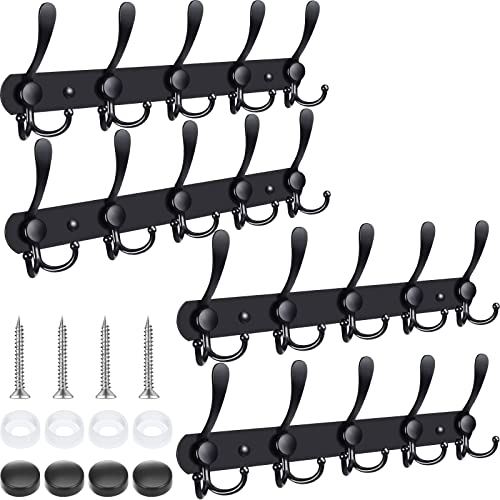 4 Packs Coat Rack Wall Mount with 5 Tri Hooks 16 Inch Metal Coat Hook Rail Heavy Duty Stainless Steel Rack Hooks for Hanging Coats Hats Clothes Purse Entryway Bathroom, Bedroom, Mudroom (Black)