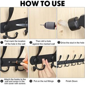 4 Packs Coat Rack Wall Mount with 5 Tri Hooks 16 Inch Metal Coat Hook Rail Heavy Duty Stainless Steel Rack Hooks for Hanging Coats Hats Clothes Purse Entryway Bathroom, Bedroom, Mudroom (Black)