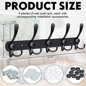 4 Packs Coat Rack Wall Mount with 5 Tri Hooks 16 Inch Metal Coat Hook Rail Heavy Duty Stainless Steel Rack Hooks for Hanging Coats Hats Clothes Purse Entryway Bathroom, Bedroom, Mudroom (Black)