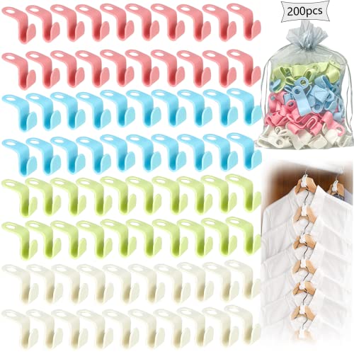 200Pcs Clothes Hanger Connector Hooks, 4 Colors of Space Saving Clothes Hanger Connector Hooks, Hangers Space Saving, Hanger Space Saving for Heavy Duty Plastic Closet Hanger Hooks