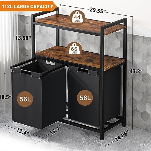 EnHomee 112L Laundry Sorter, Laundry Hamper 2 Section, Heavy Duty Laundry Basket with Washable Bags, Laundry Sorter with shelf, Hampers for Laundry Room Organization, Put-out Bags with Slide Rails