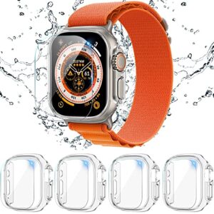 [4 pack] dabaoza compatible for apple watch ultra screen protector and case 49mm, anti-fog tempered glass protector film with pc hard bumper cover for iwatch ultra 49mm(clear)