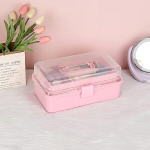 BTSKY 3-Layer Plastic Dividing Storage Box Craft Organizer and Storage with Adjustable Spacers Portable Handled Art Supply Organizer Multipurpose Home Utility Box for Medicine Box Sewing Box Organizer (Pink)