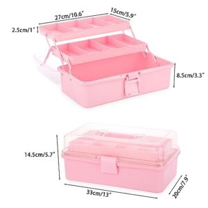 BTSKY 3-Layer Plastic Dividing Storage Box Craft Organizer and Storage with Adjustable Spacers Portable Handled Art Supply Organizer Multipurpose Home Utility Box for Medicine Box Sewing Box Organizer (Pink)