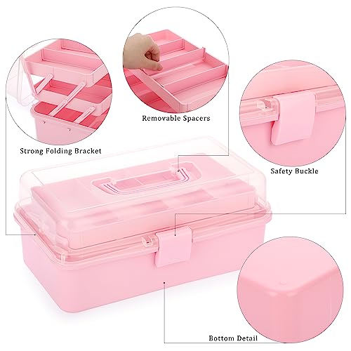 BTSKY 3-Layer Plastic Dividing Storage Box Craft Organizer and Storage with Adjustable Spacers Portable Handled Art Supply Organizer Multipurpose Home Utility Box for Medicine Box Sewing Box Organizer (Pink)