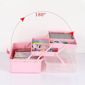 BTSKY 3-Layer Plastic Dividing Storage Box Craft Organizer and Storage with Adjustable Spacers Portable Handled Art Supply Organizer Multipurpose Home Utility Box for Medicine Box Sewing Box Organizer (Pink)