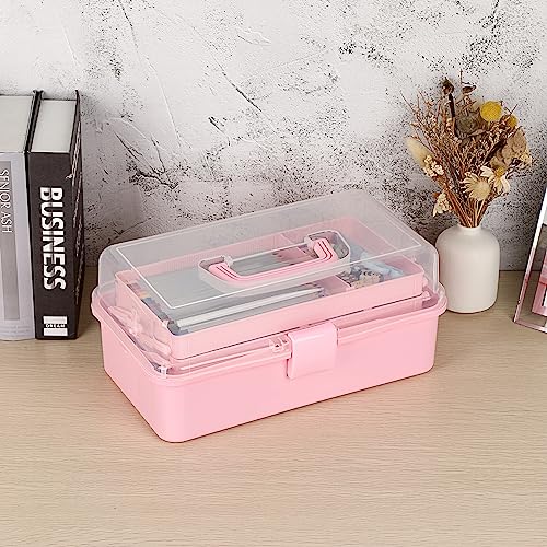 BTSKY 3-Layer Plastic Dividing Storage Box Craft Organizer and Storage with Adjustable Spacers Portable Handled Art Supply Organizer Multipurpose Home Utility Box for Medicine Box Sewing Box Organizer (Pink)