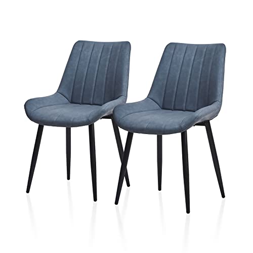 TUKAILAi Faux Leather Dining Chairs Set of 2, Modern Linear Design Kitchen Chairs with Upholstered Seat and Metal Legs, Comfy Leisure Chairs for Lounge Living Room Reception Restaurant (Blue)