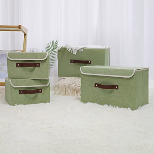 ANMINY Storage Bin with Lid Storage Boxes with PU Leather Handles PP Plastic Board Decorative Foldable Lidded Cotton Linen Fabric Home Cubes Baskets Closet Organizer Container - Green, Small Size