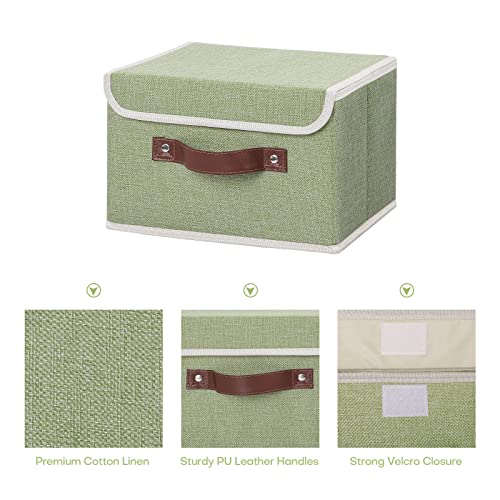 ANMINY Storage Bin with Lid Storage Boxes with PU Leather Handles PP Plastic Board Decorative Foldable Lidded Cotton Linen Fabric Home Cubes Baskets Closet Organizer Container - Green, Small Size