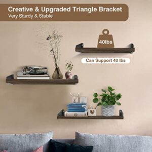 WENYU Wood Floating Shelves-Set of 3 Wall Mounted Shelves Rustic Natural Wooden Wall Shelves with Metal Brackets for Bedroom Kitchen Living Room Office Wall Decor and Storage