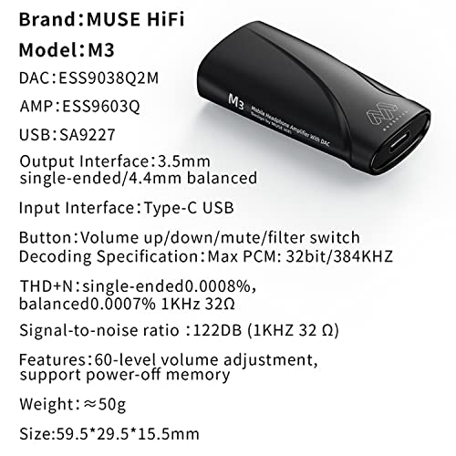 MUSEHIFI M3 Curved Designed DAC with ES9038Q2M DSD256 Chip, Headphone Amplifier Equipped with 3.5+4.4 Dual Output