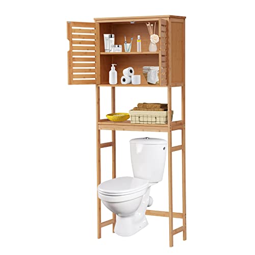 KINTNESS Over The Toilet Storage Cabinet - Bamboo Bathroom Storage Shelf with Doors and Shelves, Bathroom Organizer Rack Freestanding Space Saver for Bathroom, Laundry, Hotel, Restroom, Natural