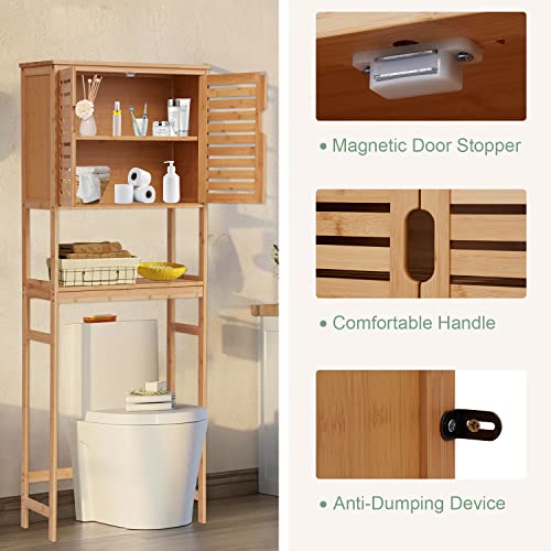KINTNESS Over The Toilet Storage Cabinet - Bamboo Bathroom Storage Shelf with Doors and Shelves, Bathroom Organizer Rack Freestanding Space Saver for Bathroom, Laundry, Hotel, Restroom, Natural