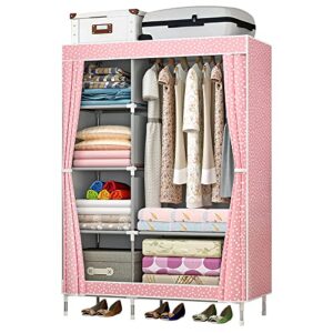qlfj-furdec portable wardrobe closet, clothes storage organizer rack shelves with hanging rods, non-woven fabric cover standing closet for hanging clothes, stable and easy assembly, pink dot style